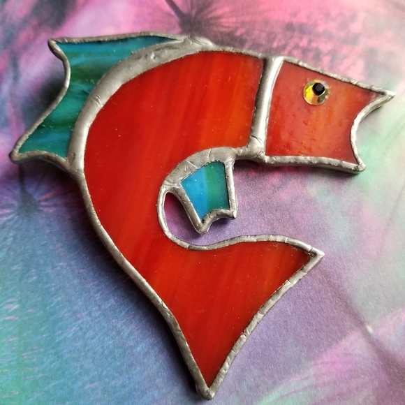 Handmade Jewelry - Relisted -big! Stained glass red fish brooch pin handmade